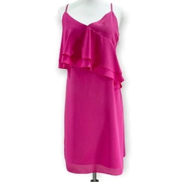 NEW J.Crew‎ Mini Dress Hot Pink Spaghetti Strap Flounce Ruffle - Picture 1 of 13
